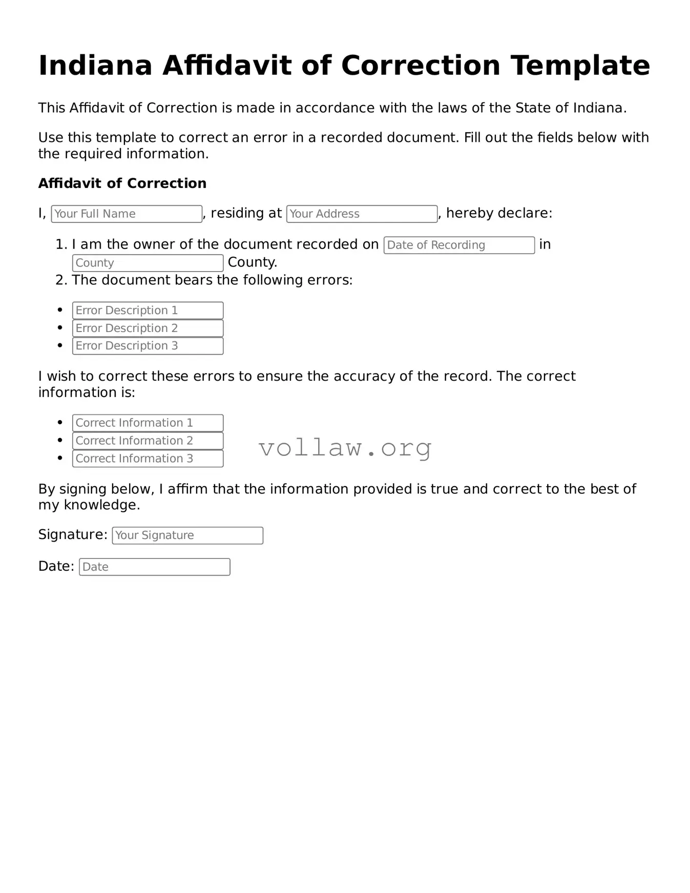 Attorney-Verified  Affidavit of Correction Form for Indiana