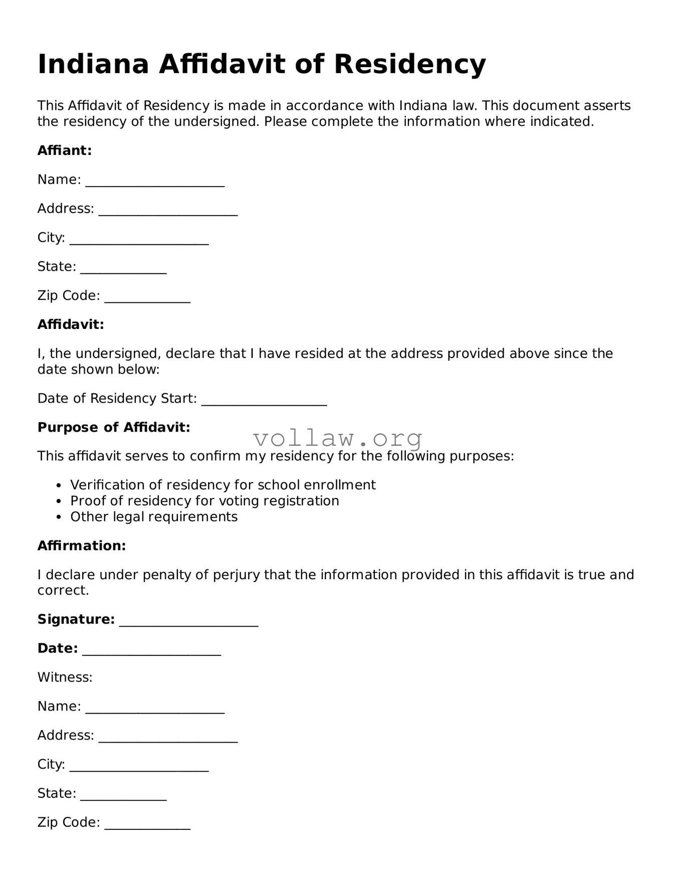 Attorney-Verified  Affidavit of Residency Form for Indiana