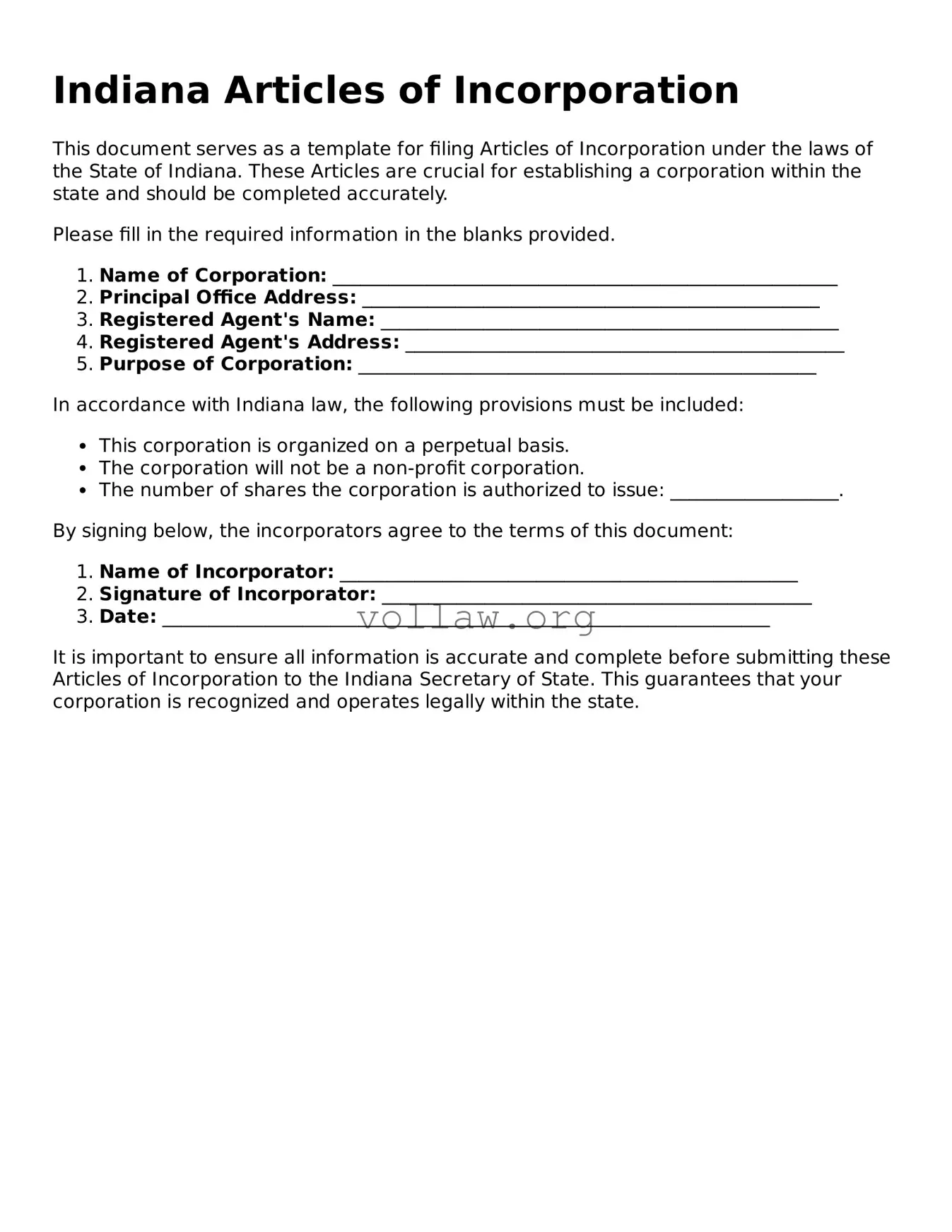 Attorney-Verified  Articles of Incorporation Form for Indiana