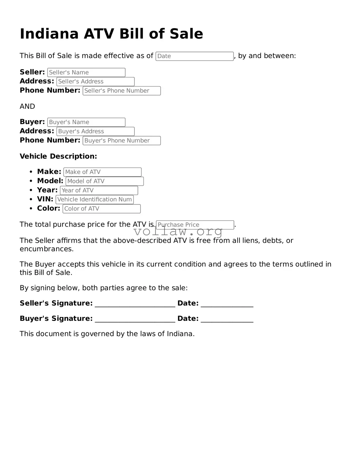 Attorney-Verified  ATV Bill of Sale Form for Indiana