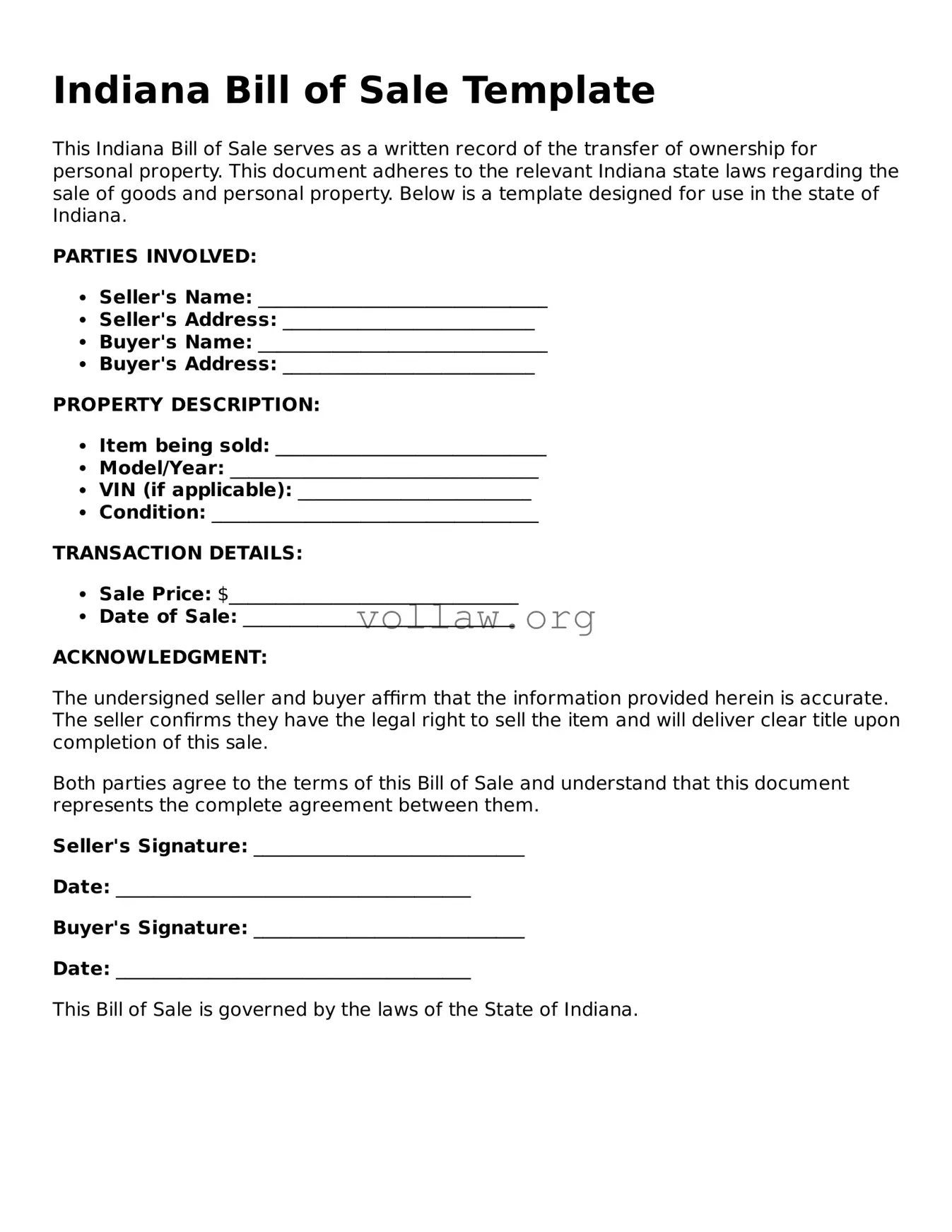 Attorney-Verified  Bill of Sale Form for Indiana