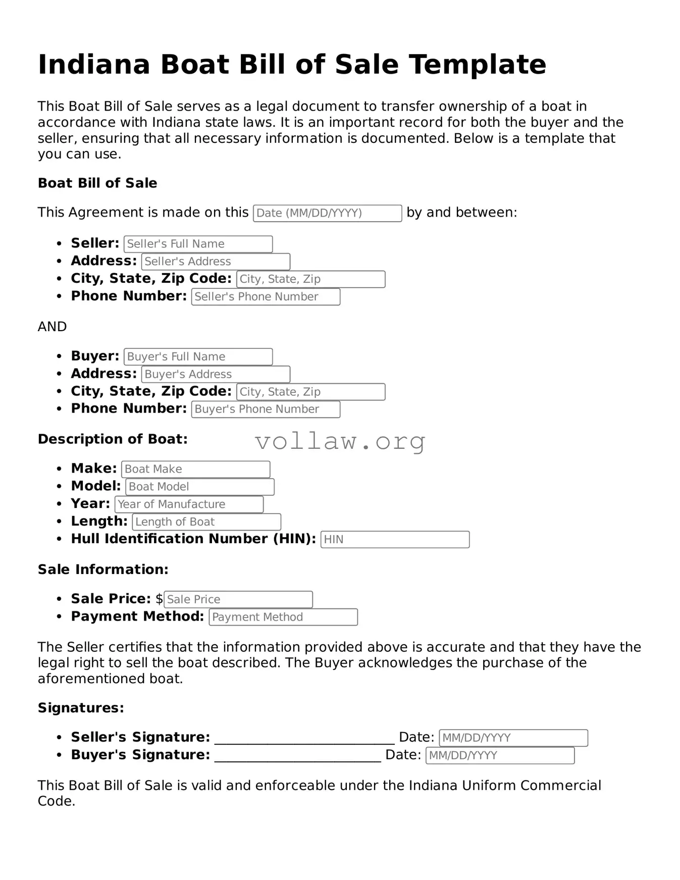Attorney-Verified  Boat Bill of Sale Form for Indiana