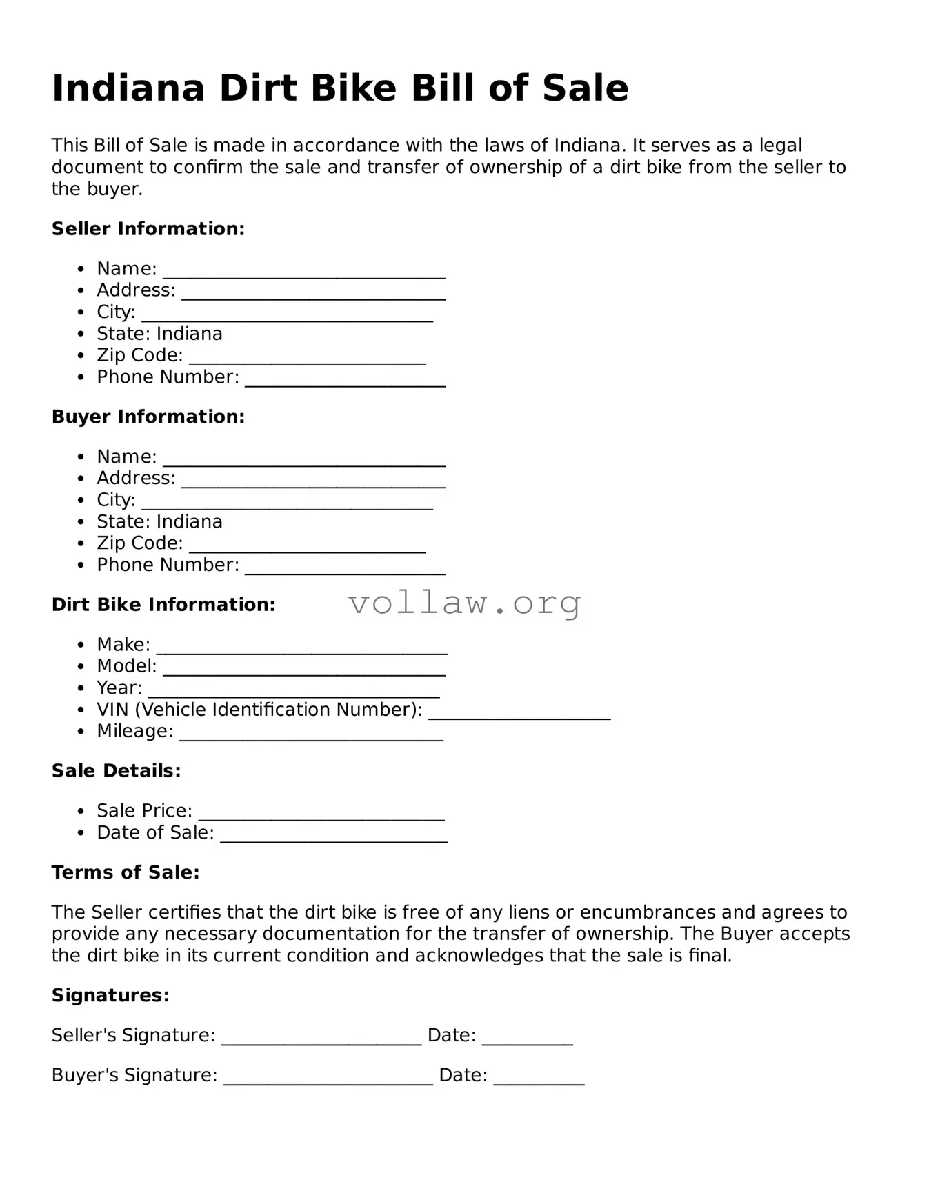 Attorney-Verified  Dirt Bike Bill of Sale Form for Indiana