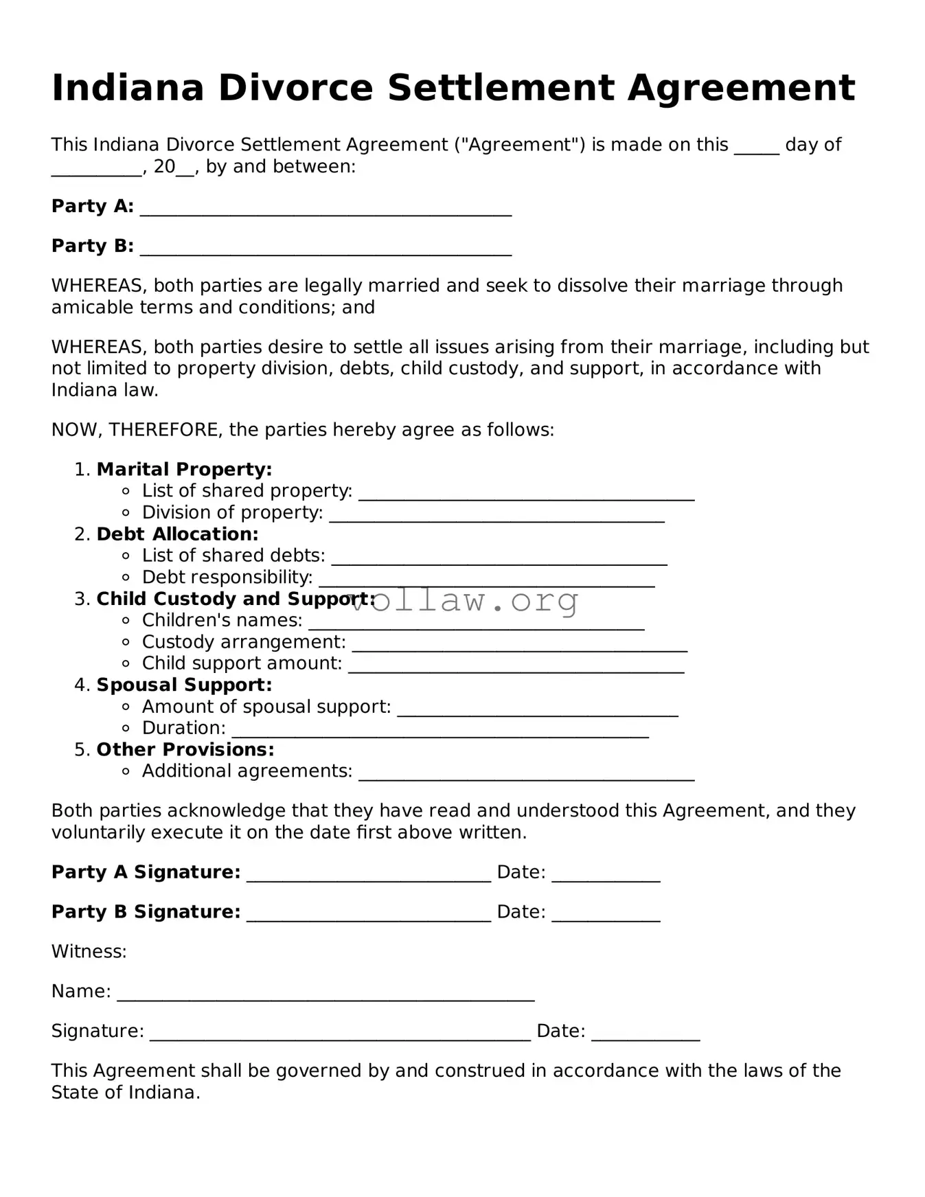 Attorney-Verified  Divorce Settlement Agreement Form for Indiana