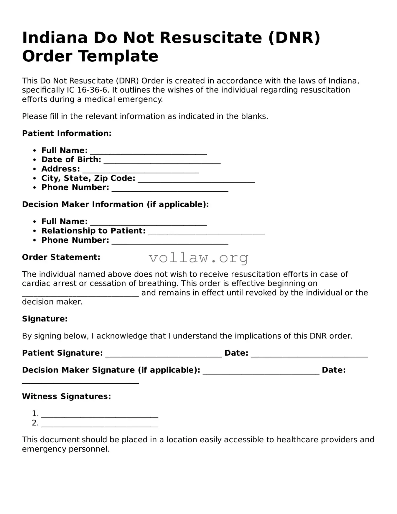 Attorney-Verified  Do Not Resuscitate Order Form for Indiana