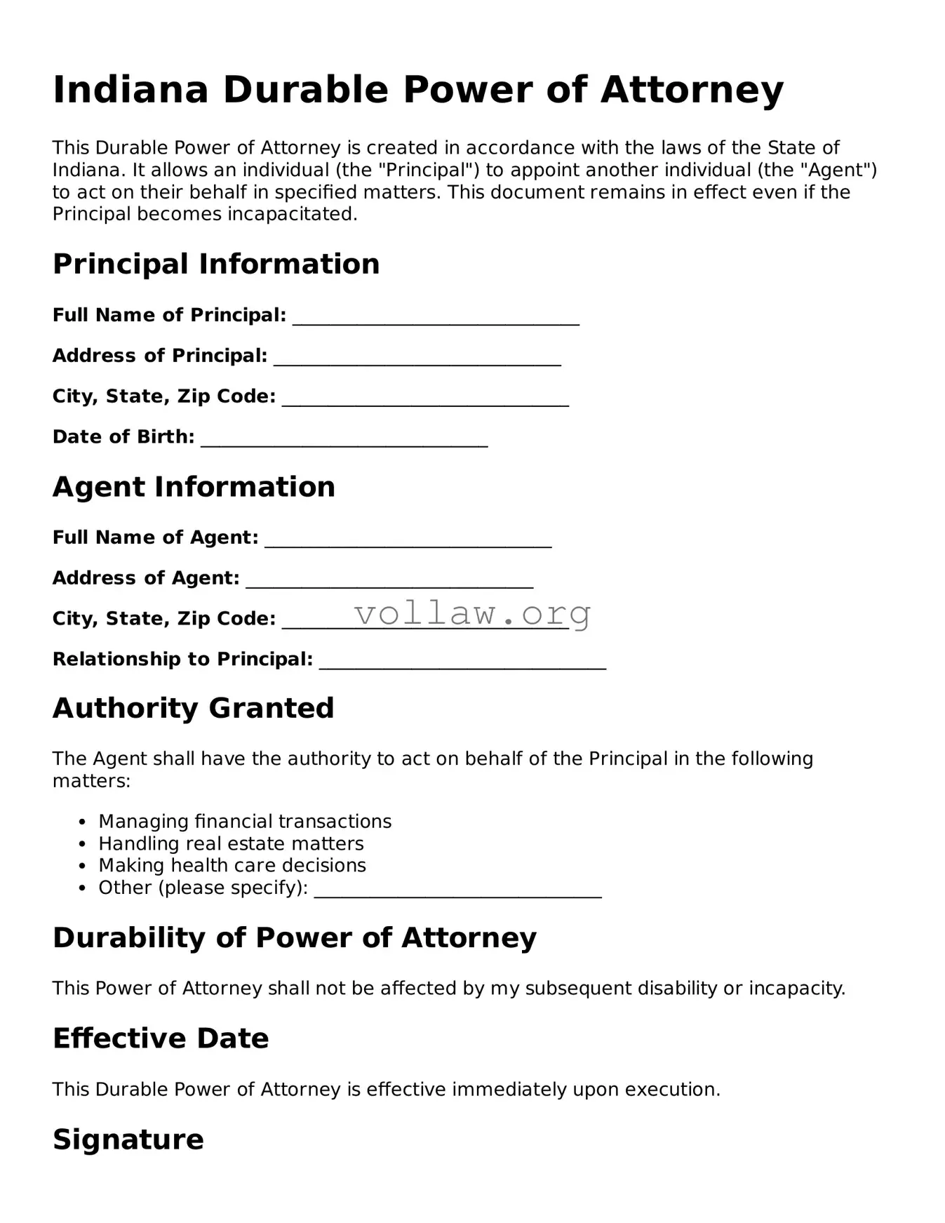 Attorney-Verified  Durable Power of Attorney Form for Indiana