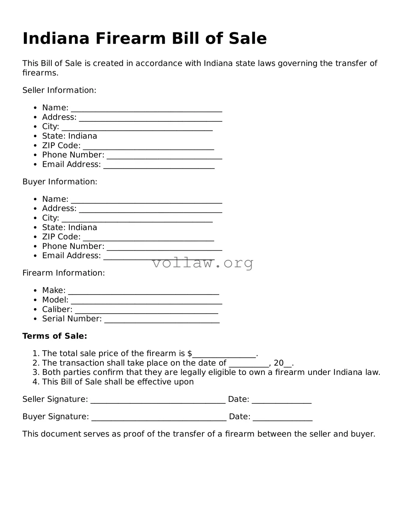 Attorney-Verified  Firearm Bill of Sale Form for Indiana