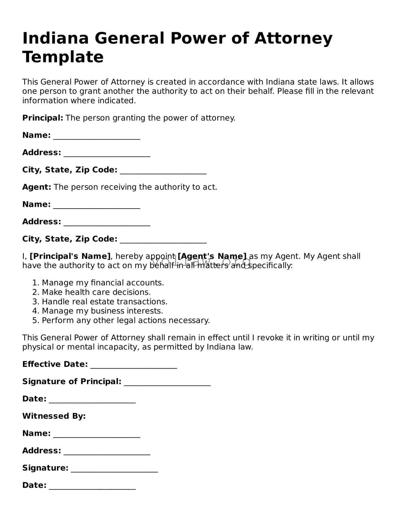 Attorney-Verified  General Power of Attorney Form for Indiana