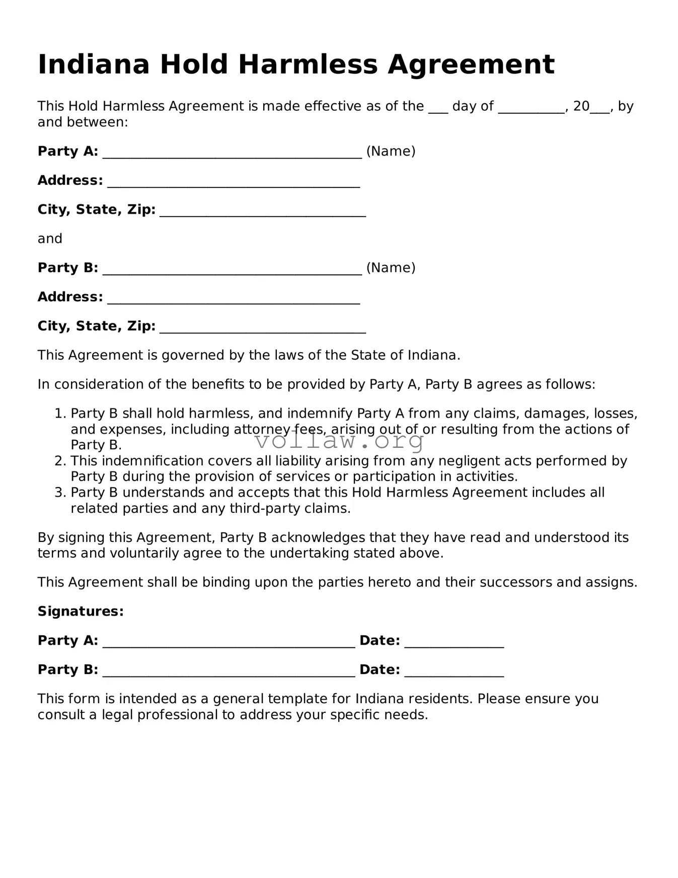 Attorney-Verified  Hold Harmless Agreement Form for Indiana