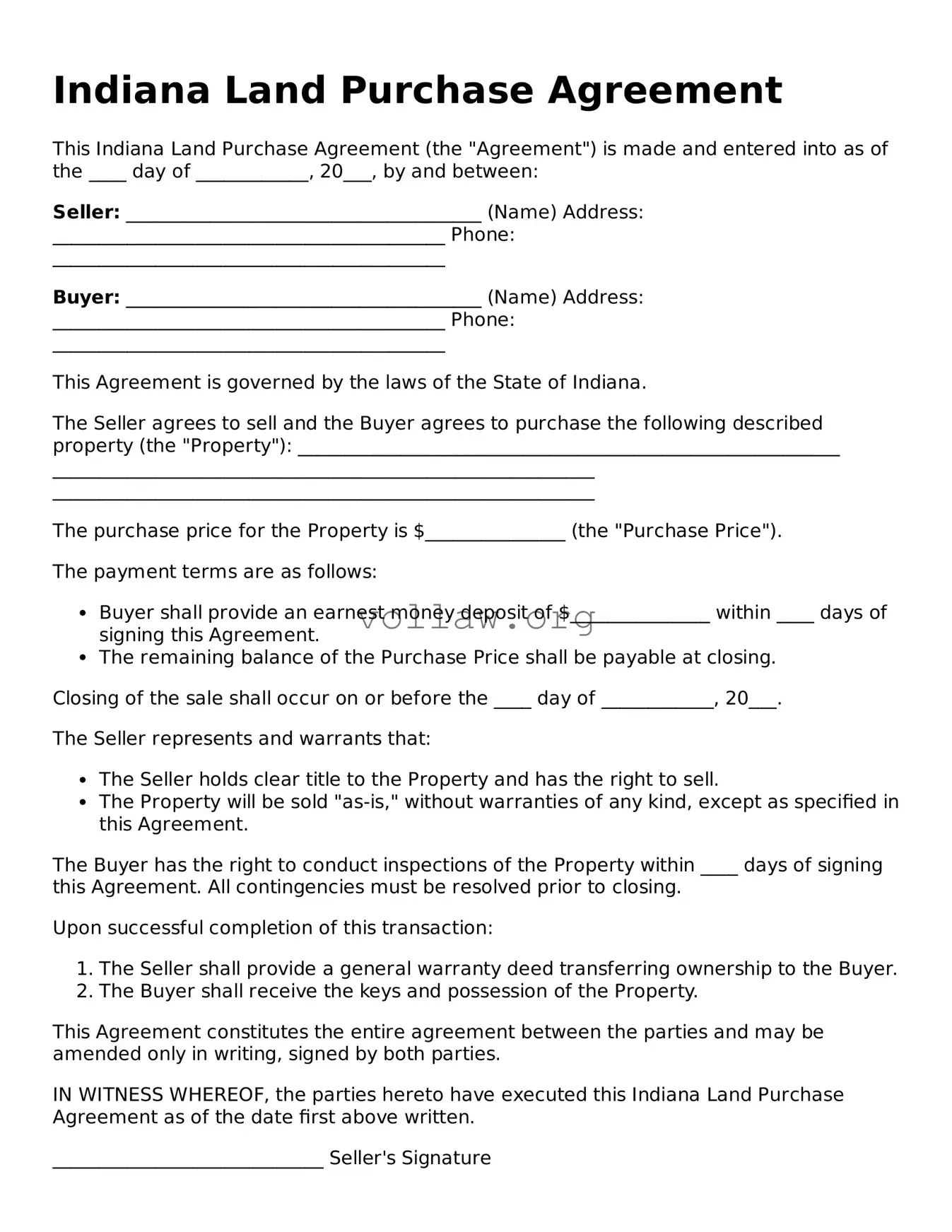Attorney-Verified  Land Purchase Agreement Form for Indiana
