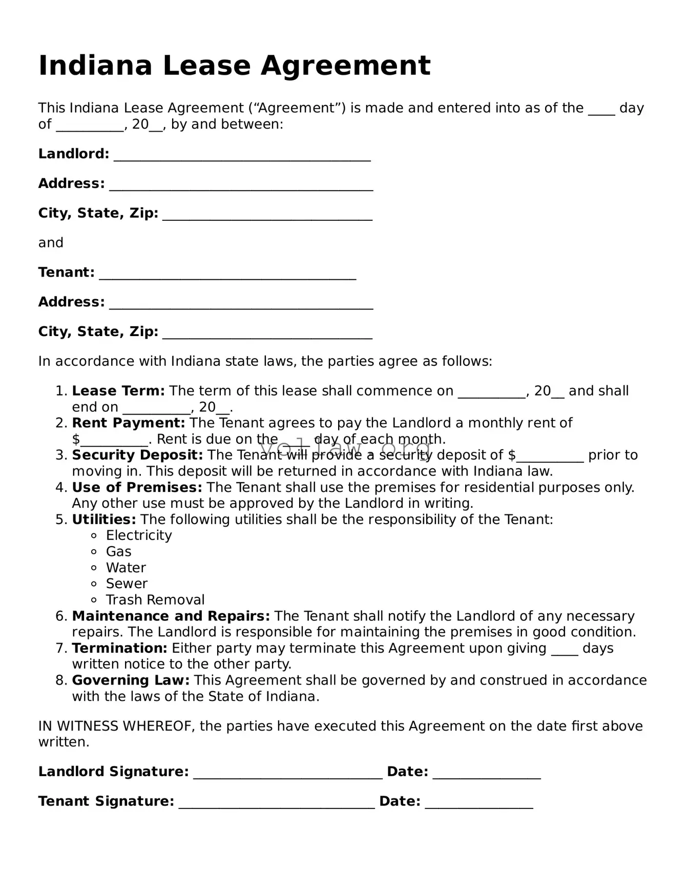 Attorney-Verified  Lease Agreement Form for Indiana