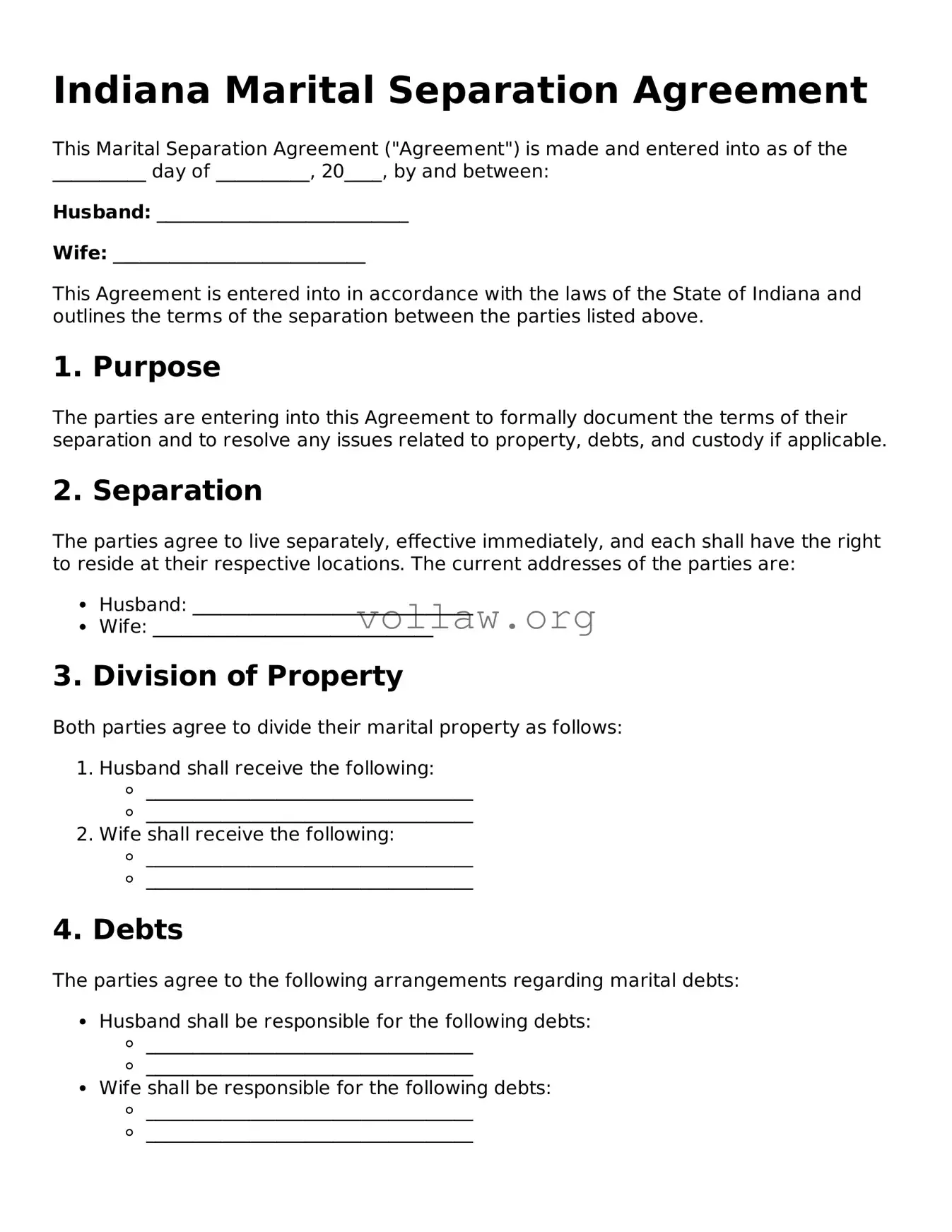 Attorney-Verified  Marital Separation Agreement Form for Indiana