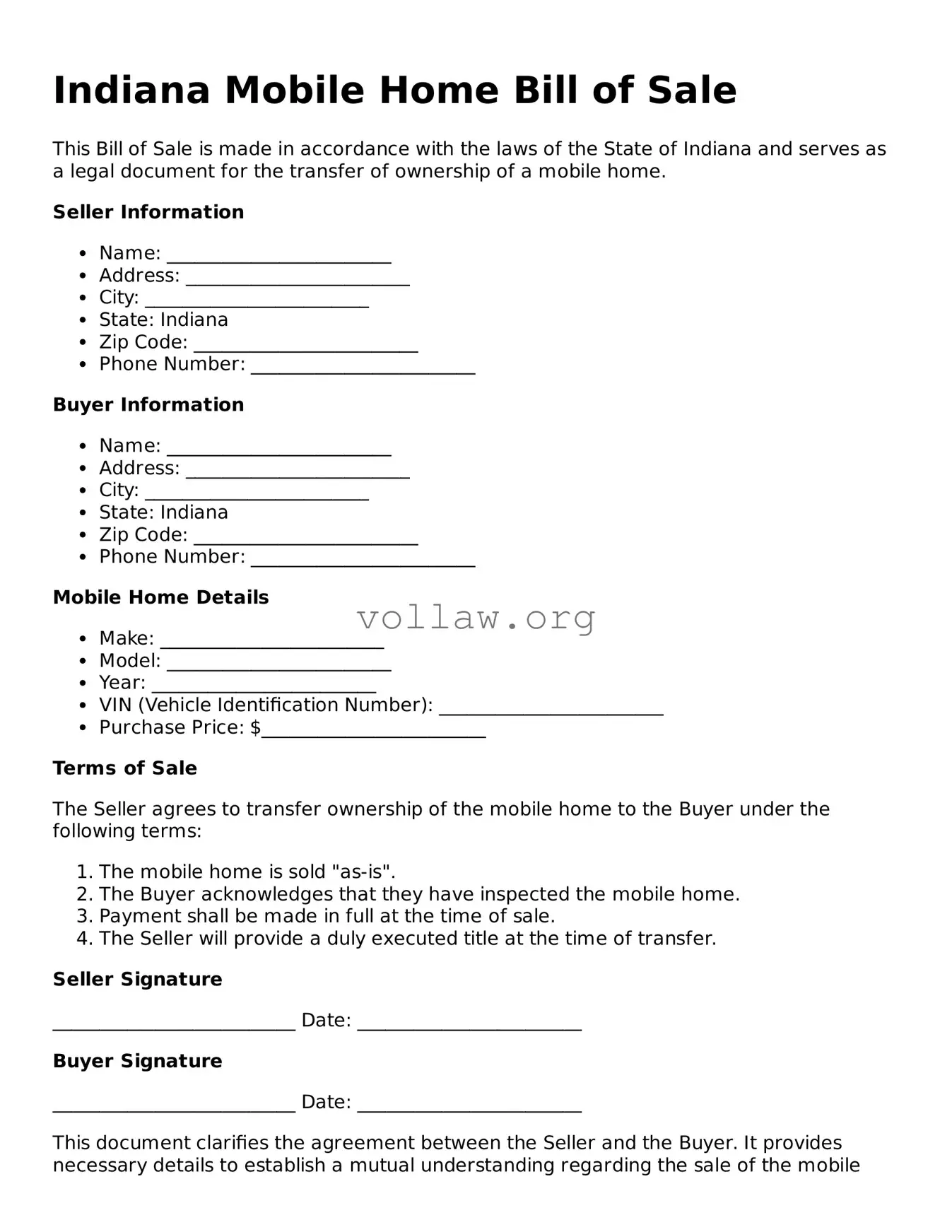 Attorney-Verified  Mobile Home Bill of Sale Form for Indiana