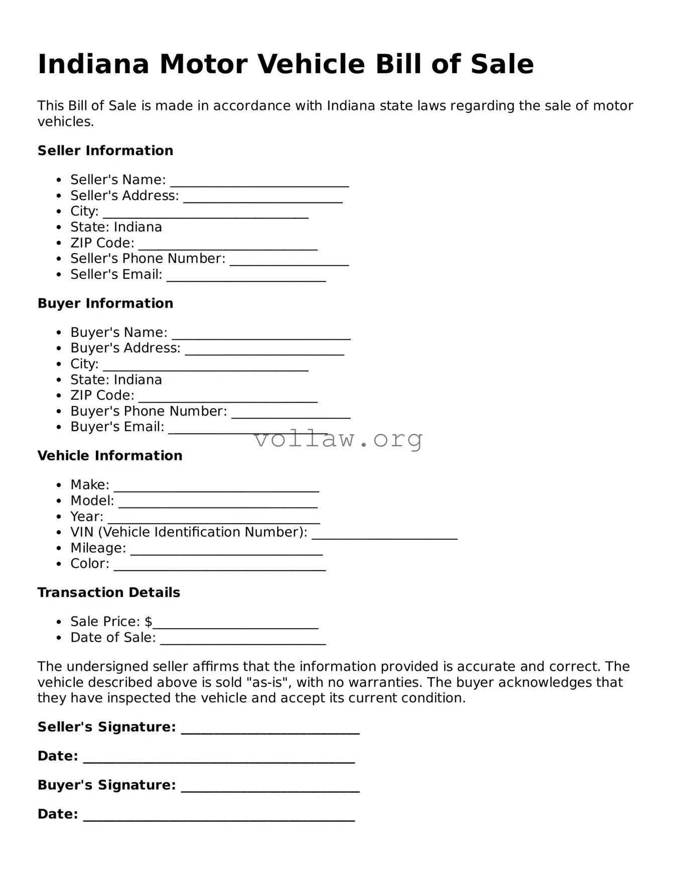 Attorney-Verified  Motor Vehicle Bill of Sale Form for Indiana