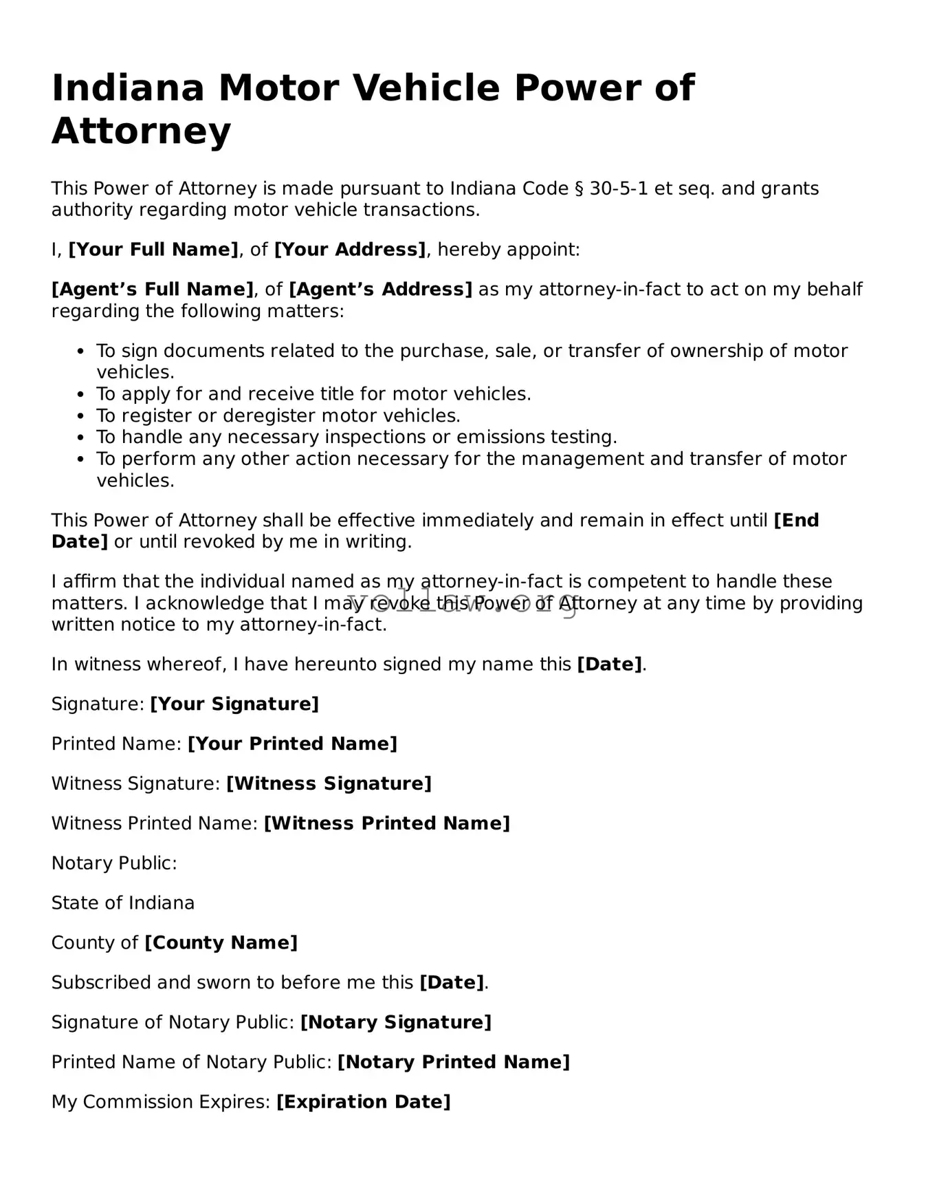 Attorney-Verified  Motor Vehicle Power of Attorney Form for Indiana