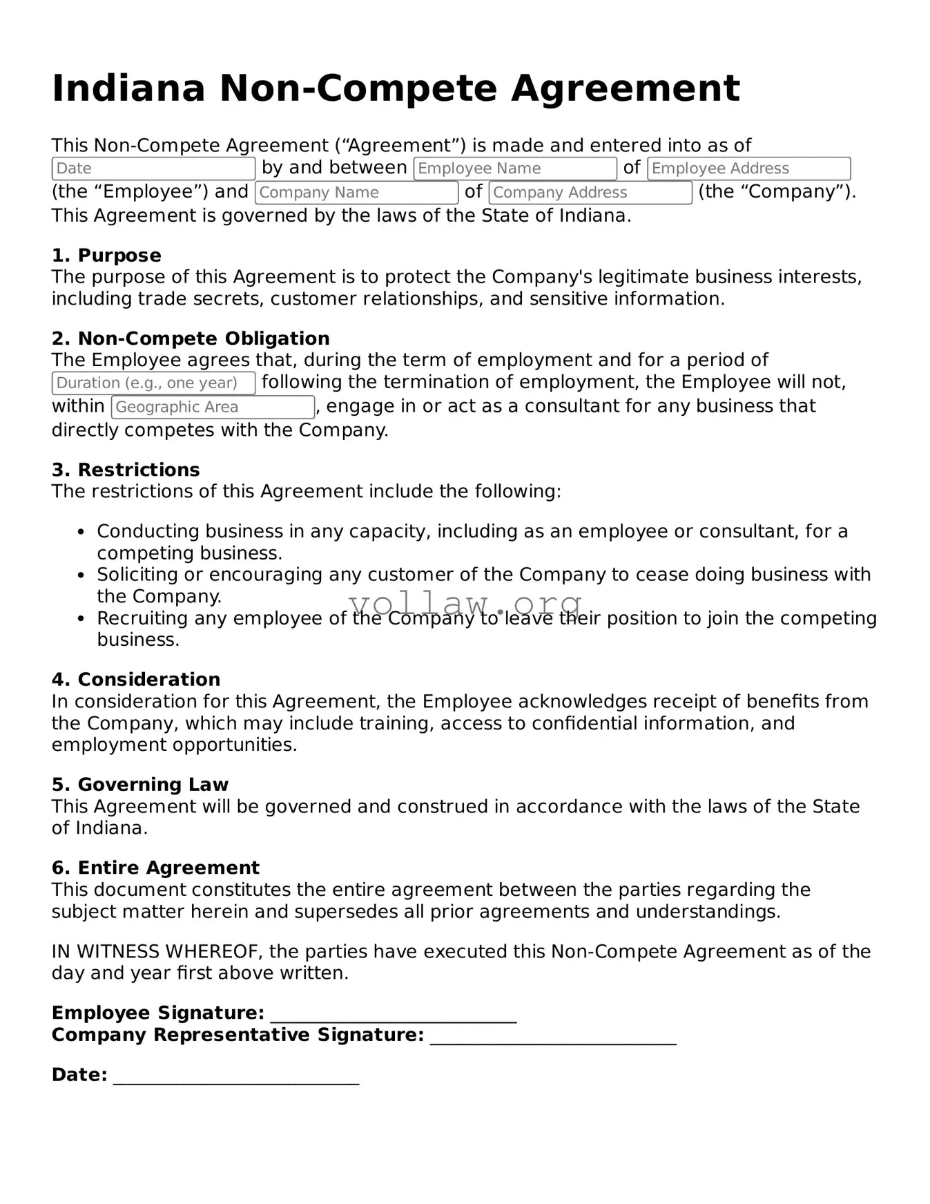 Attorney-Verified  Non-compete Agreement Form for Indiana