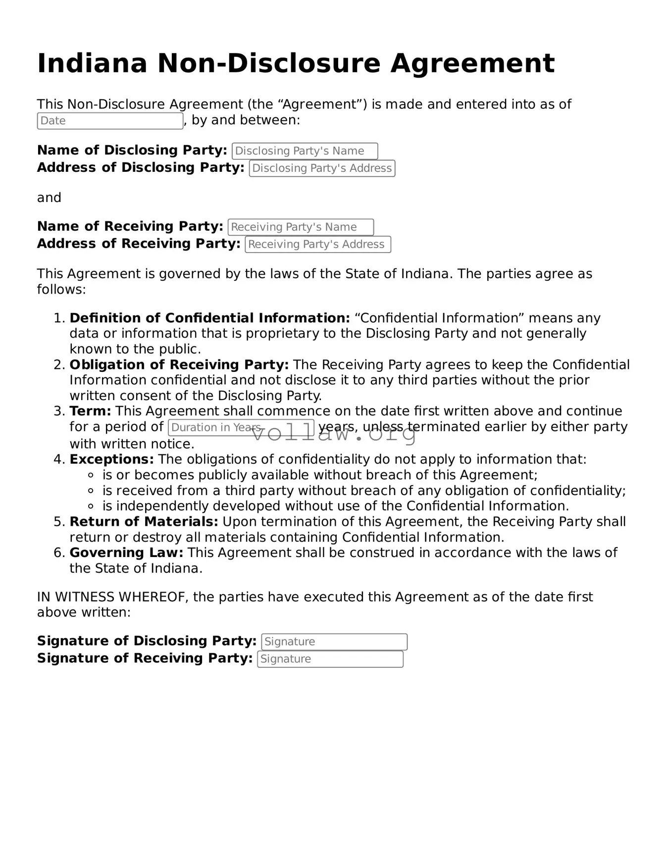 Attorney-Verified  Non-disclosure Agreement Form for Indiana
