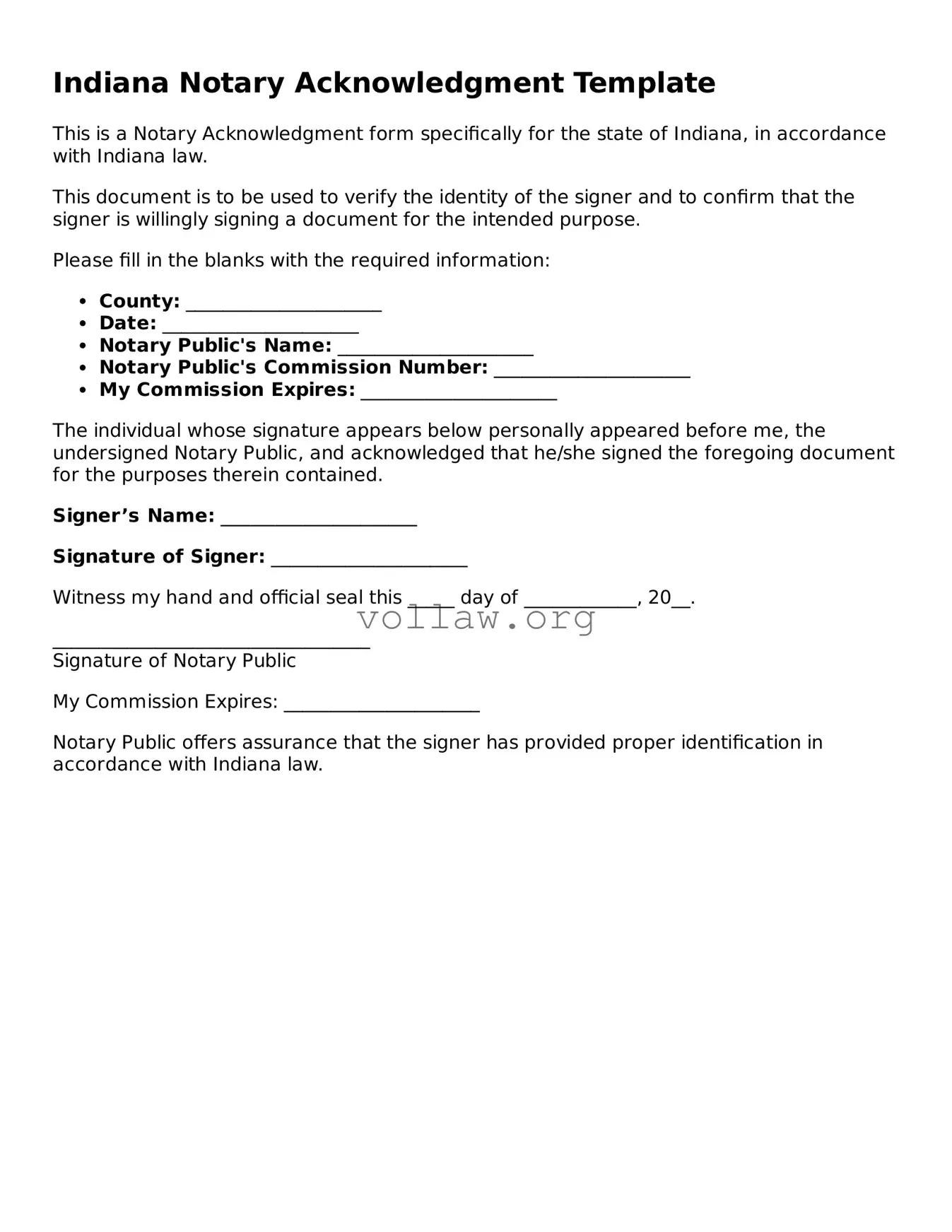 Attorney-Verified  Notary Acknowledgement Form for Indiana