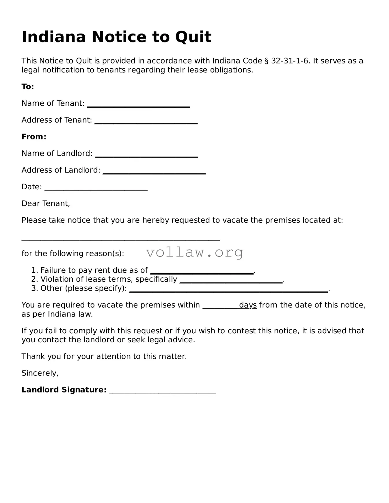 Attorney-Verified  Notice to Quit Form for Indiana