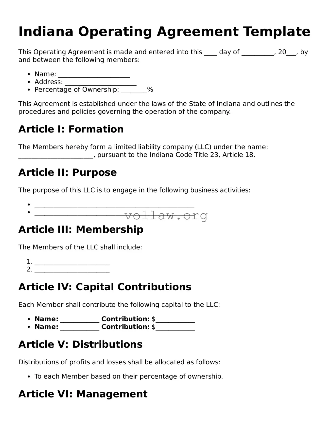 Attorney-Verified  Operating Agreement Form for Indiana