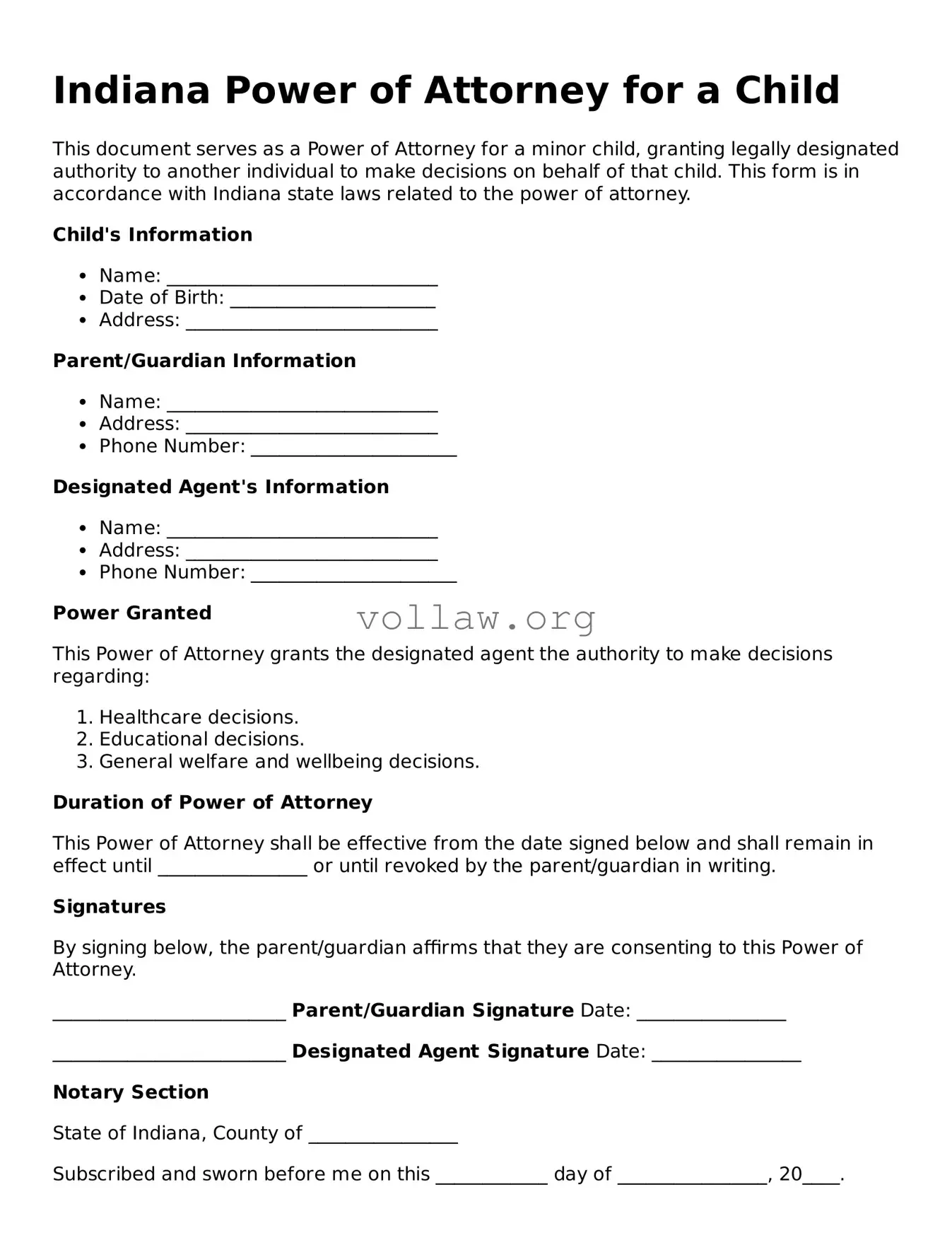 Attorney-Verified  Power of Attorney for a Child Form for Indiana