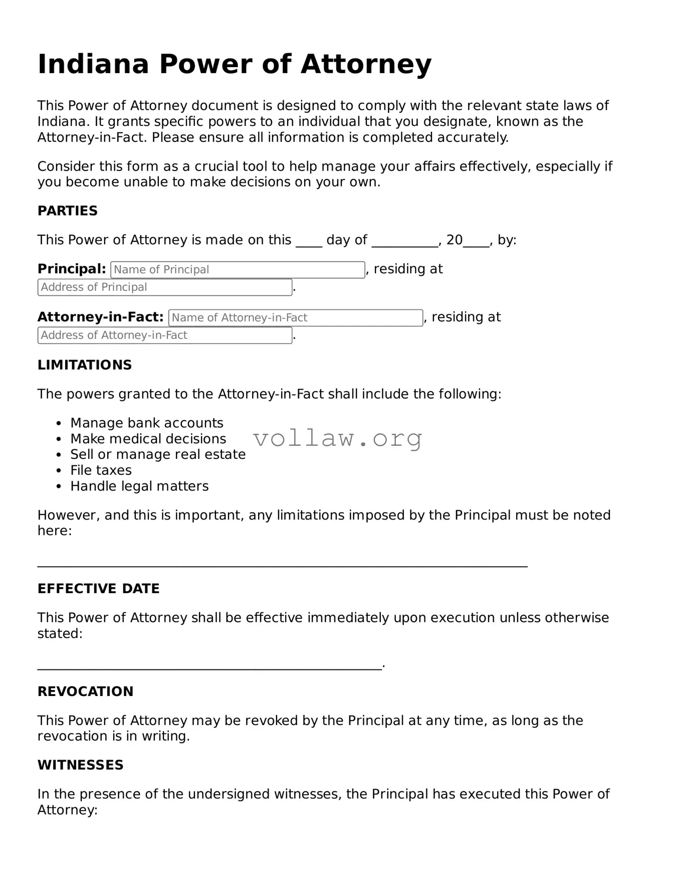 Attorney-Verified  Power of Attorney Form for Indiana