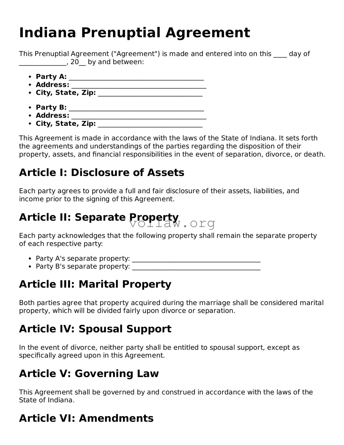 Attorney-Verified  Prenuptial Agreement Form for Indiana