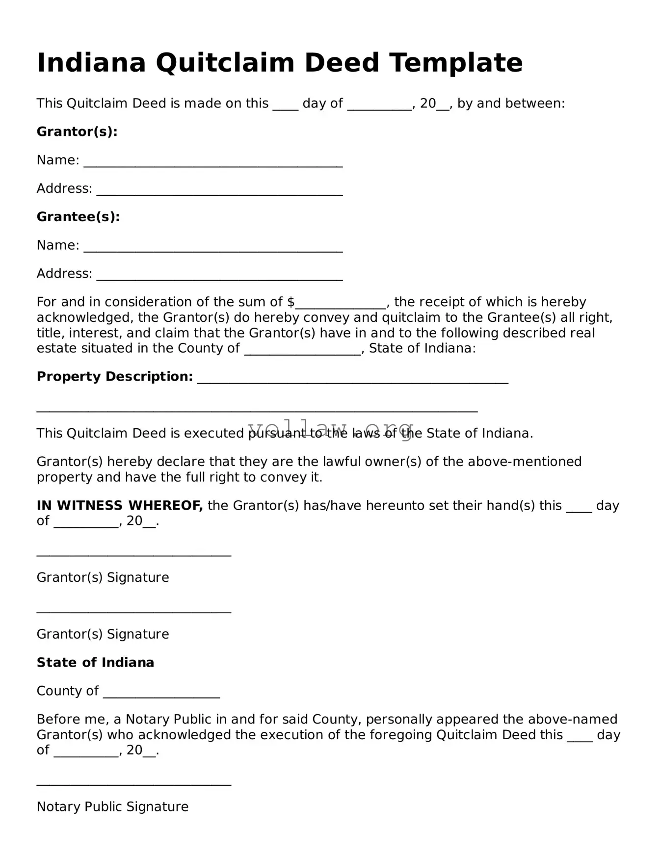 Attorney-Verified  Quitclaim Deed Form for Indiana