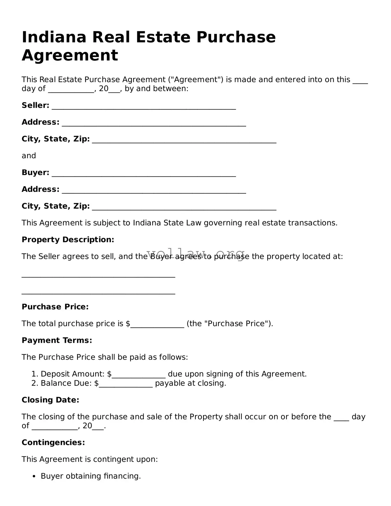 Attorney-Verified  Real Estate Purchase Agreement Form for Indiana