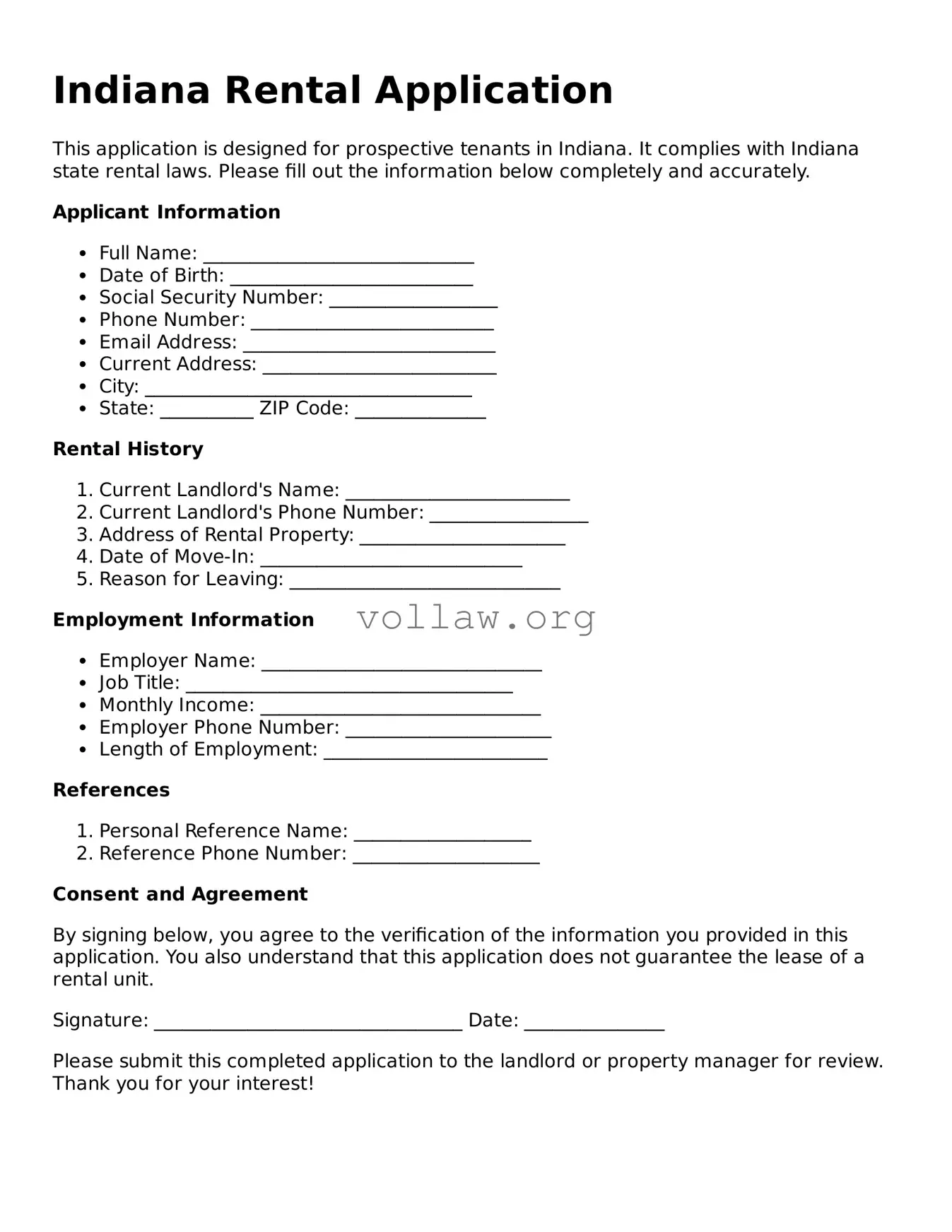 Attorney-Verified  Rental Application Form for Indiana