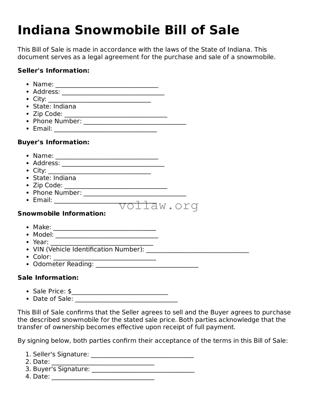 Attorney-Verified  Snowmobile Bill of Sale Form for Indiana