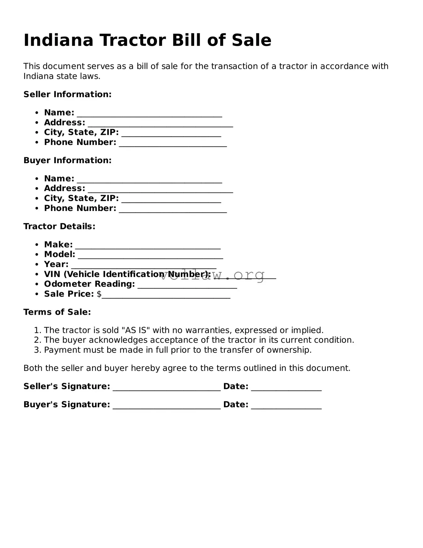Attorney-Verified  Tractor Bill of Sale Form for Indiana