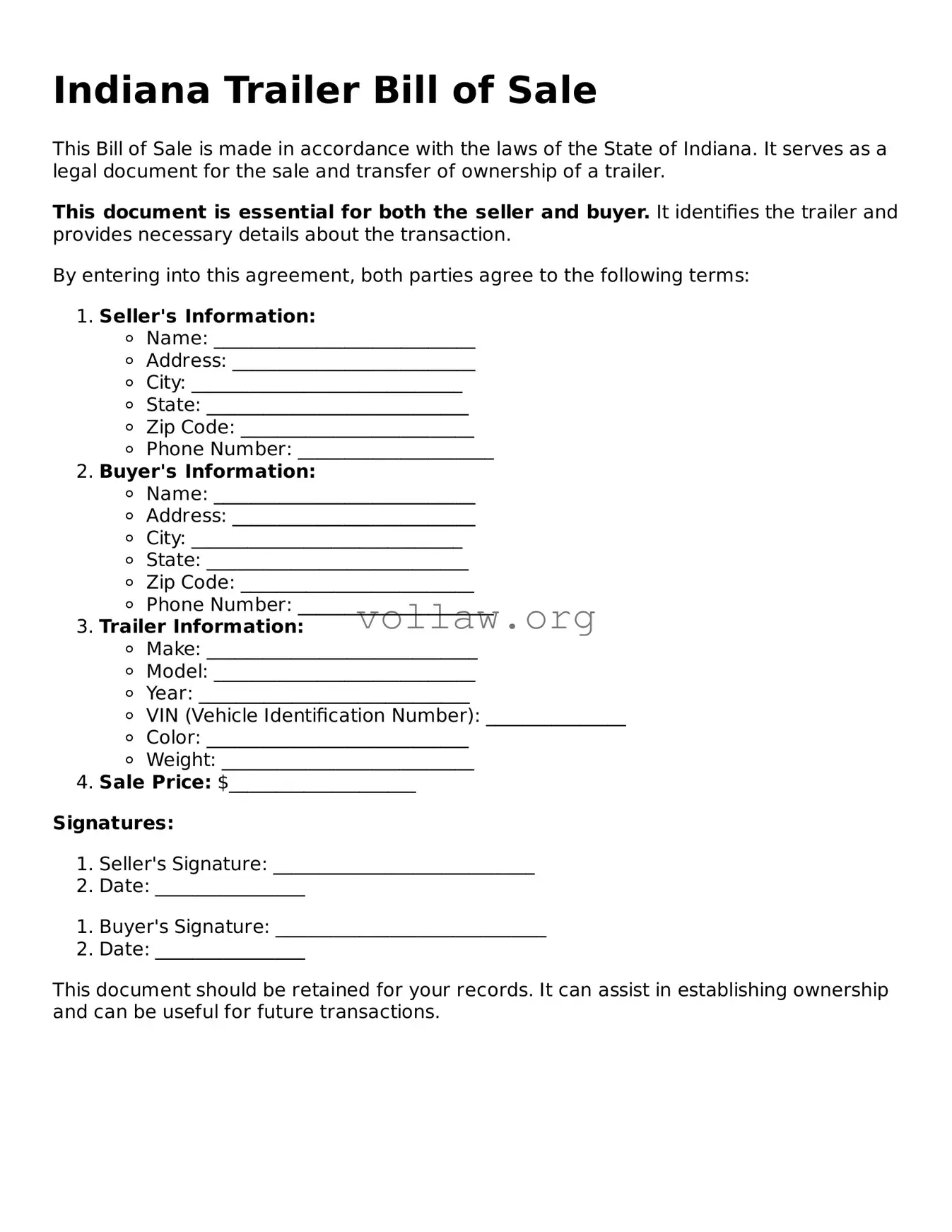 Attorney-Verified  Trailer Bill of Sale Form for Indiana