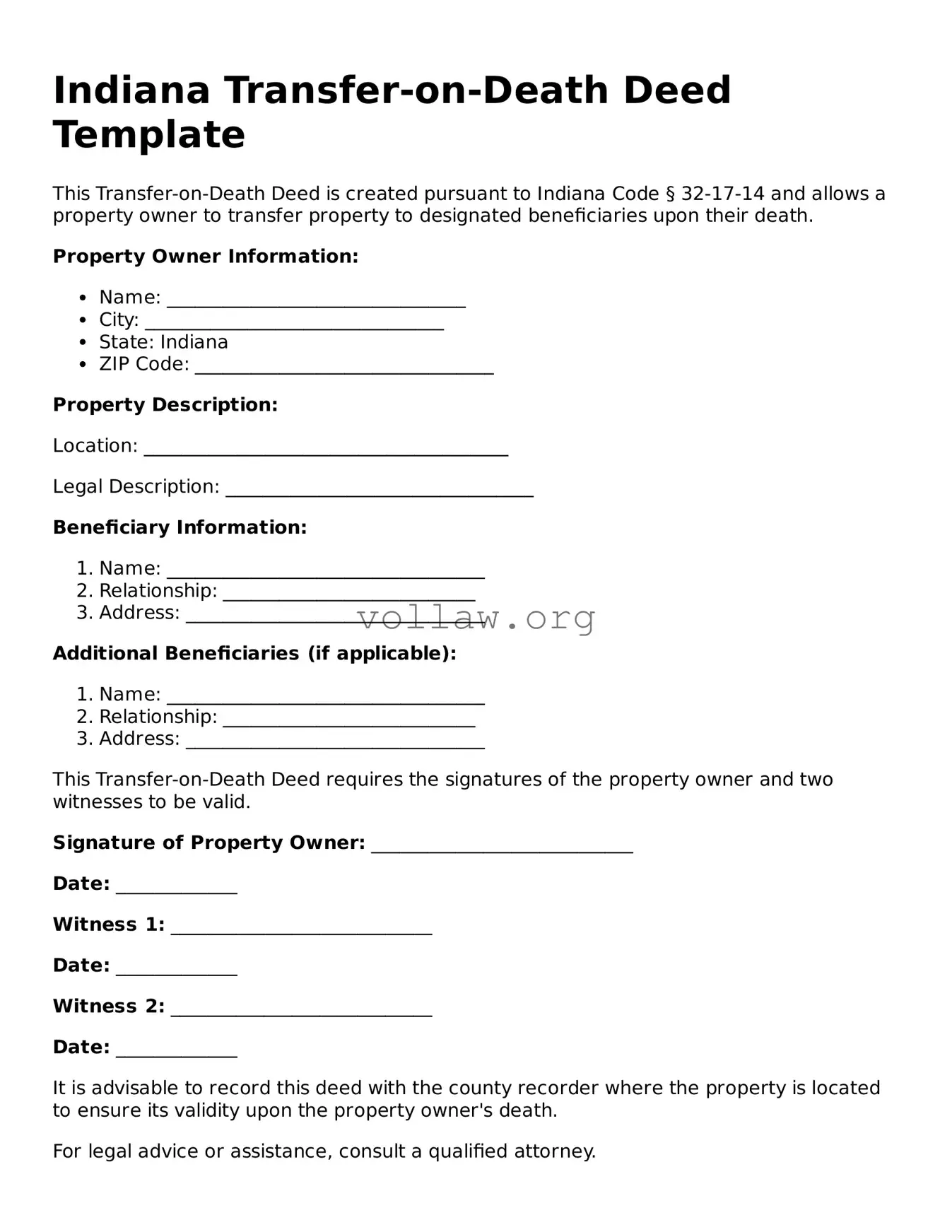 Attorney-Verified  Transfer-on-Death Deed Form for Indiana