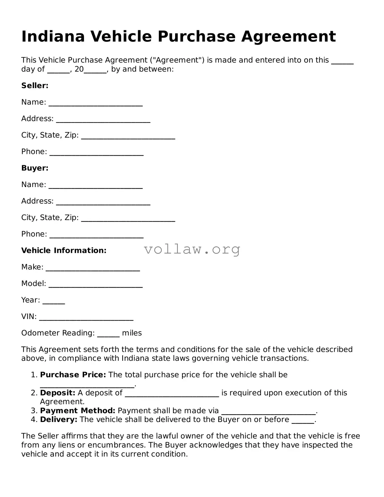 Attorney-Verified  Vehicle Purchase Agreement Form for Indiana