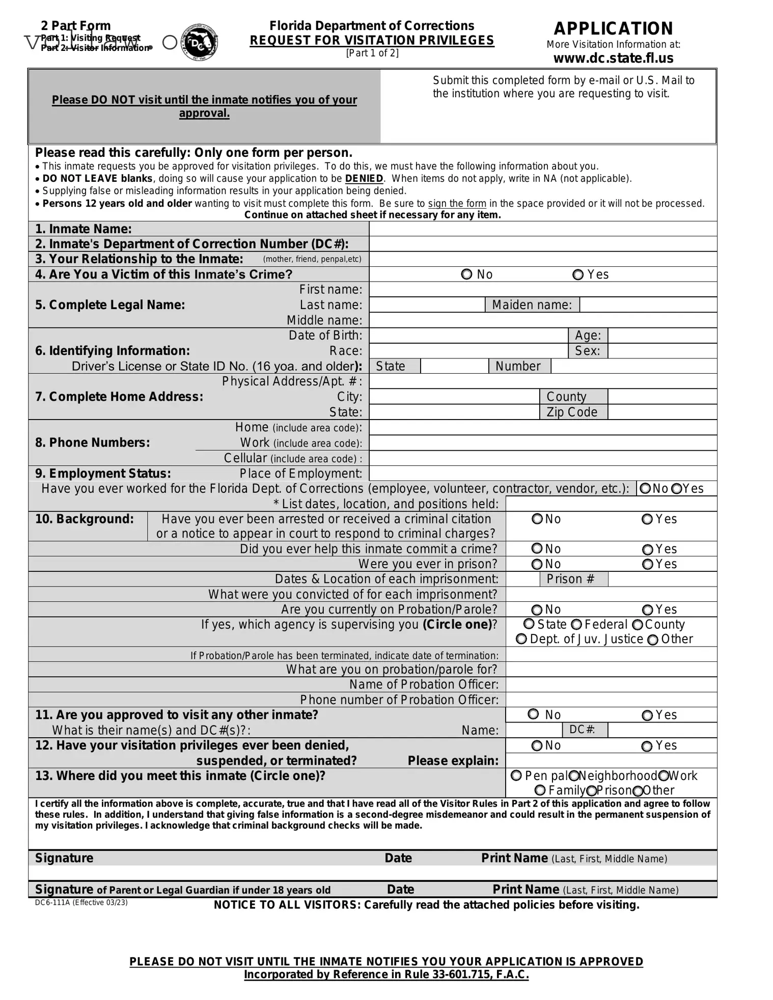 Department Of Corrections Visitation Florida Template