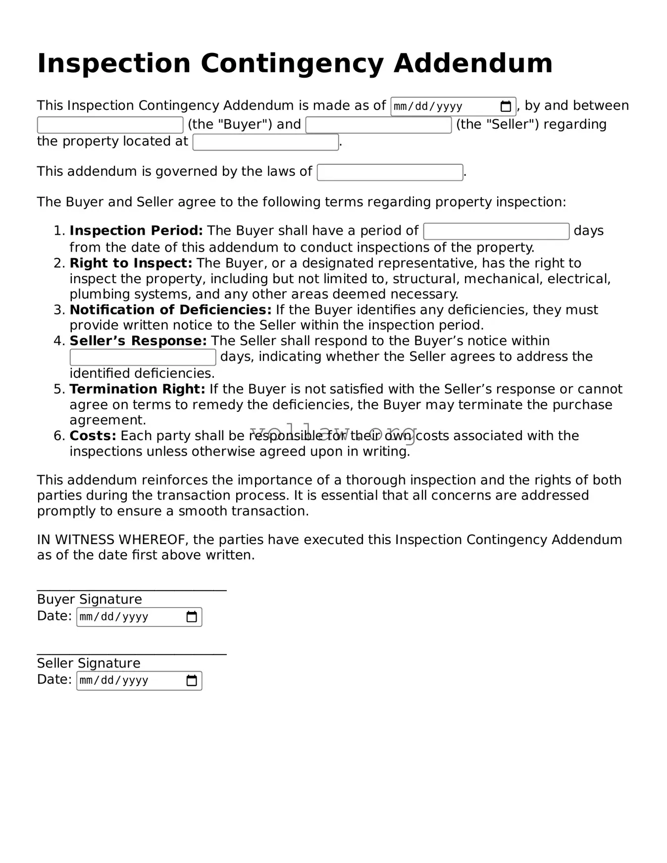 Free Inspection Contingency Addendum Form
