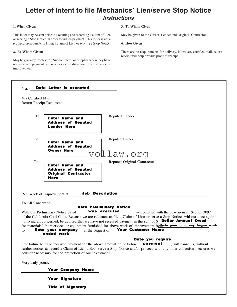 Letter Of Intent Lien Template