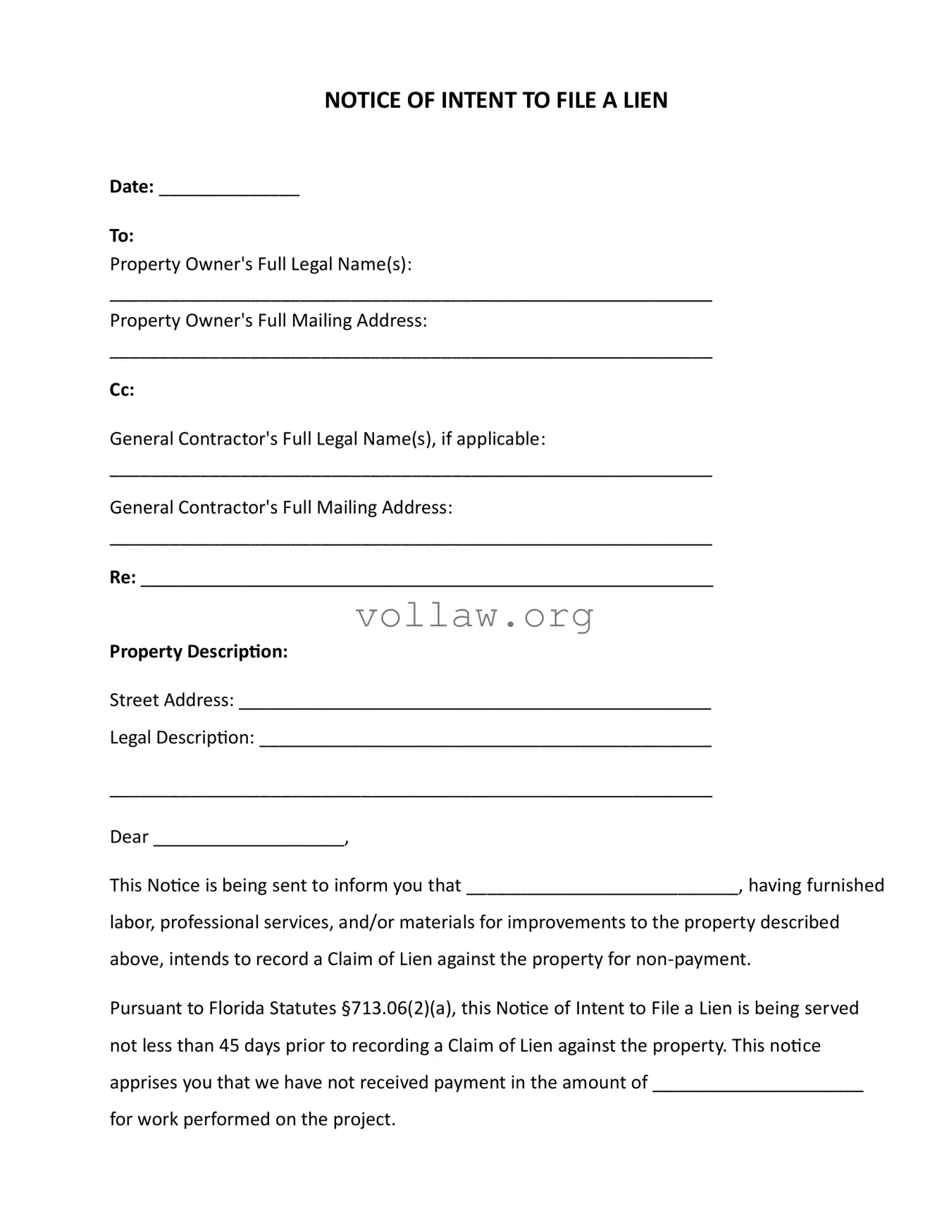 Intent To Lien Florida Template