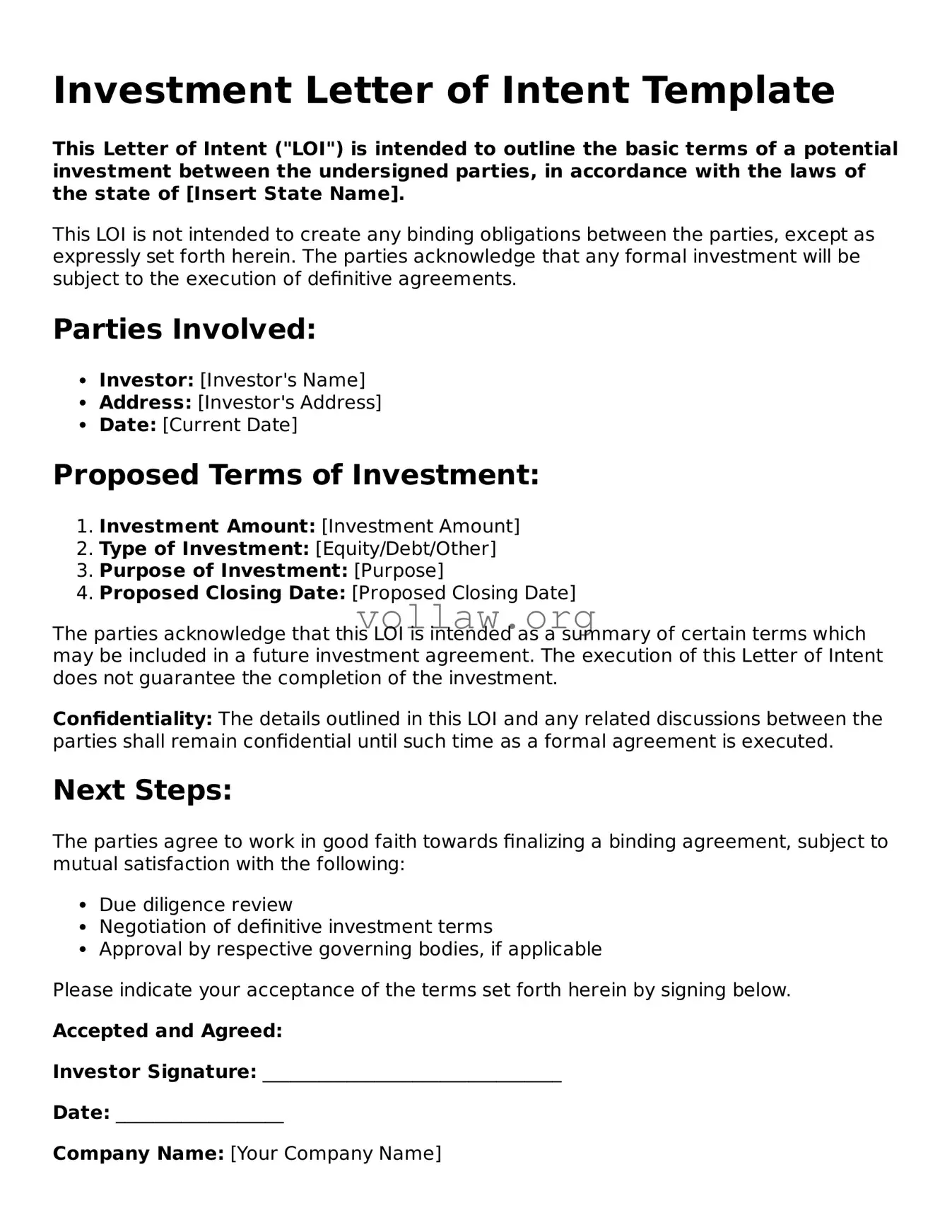 Free Investment Letter of Intent Form