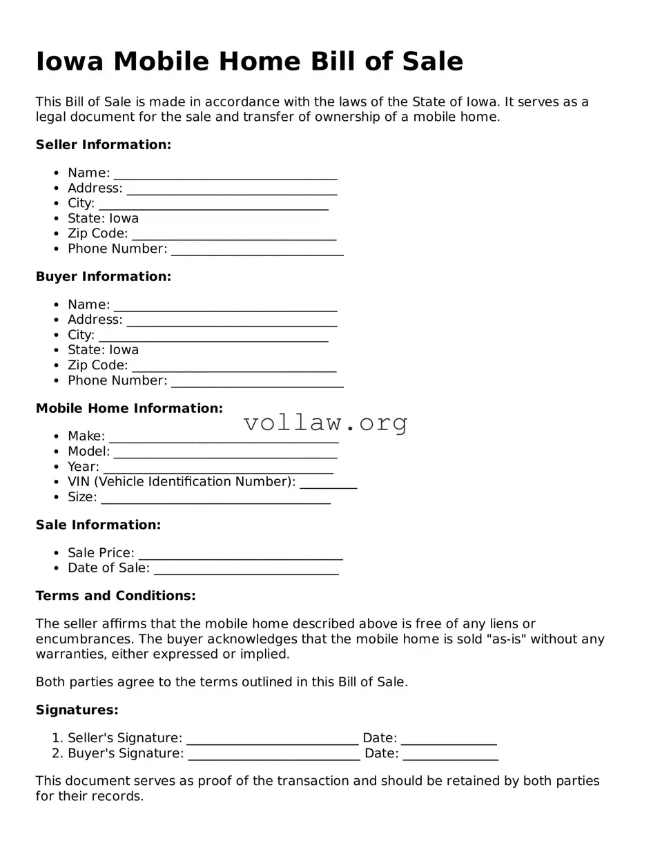 Attorney-Verified  Mobile Home Bill of Sale Form for Iowa