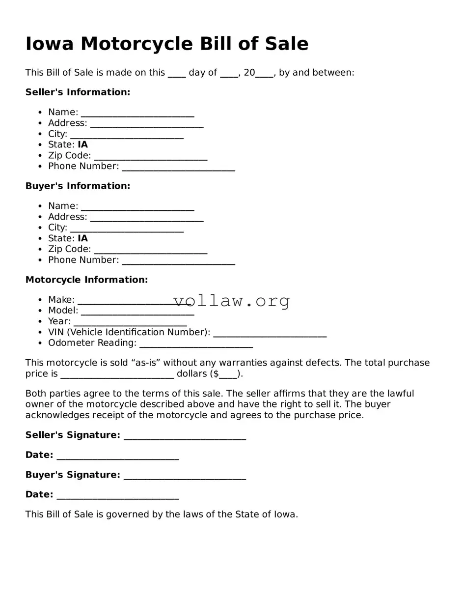 Attorney-Verified  Motorcycle Bill of Sale Form for Iowa
