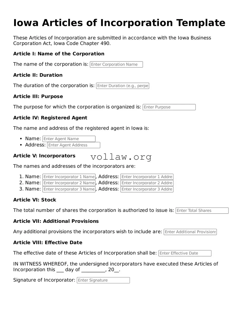 Attorney-Verified  Articles of Incorporation Form for Iowa
