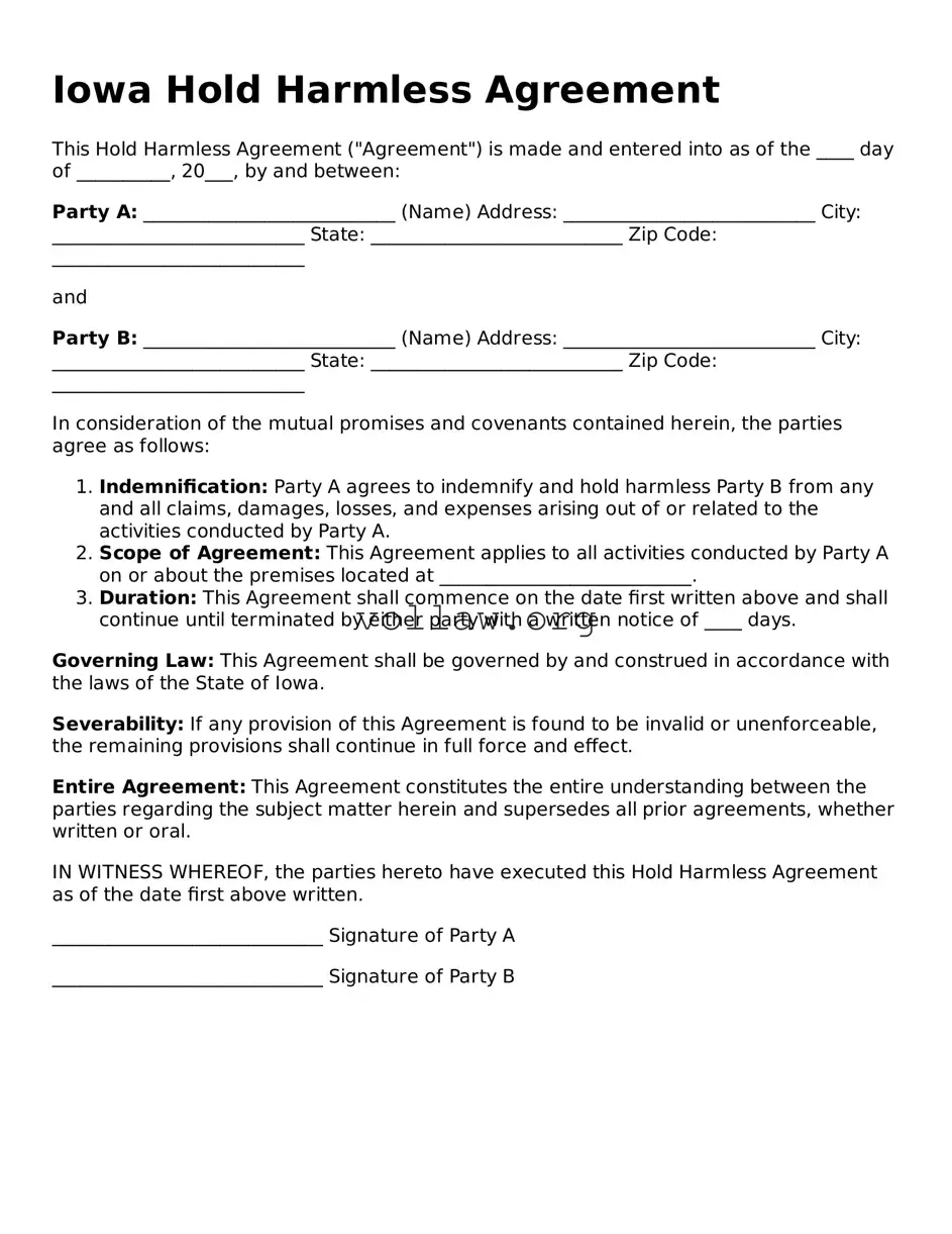 Attorney-Verified  Hold Harmless Agreement Form for Iowa