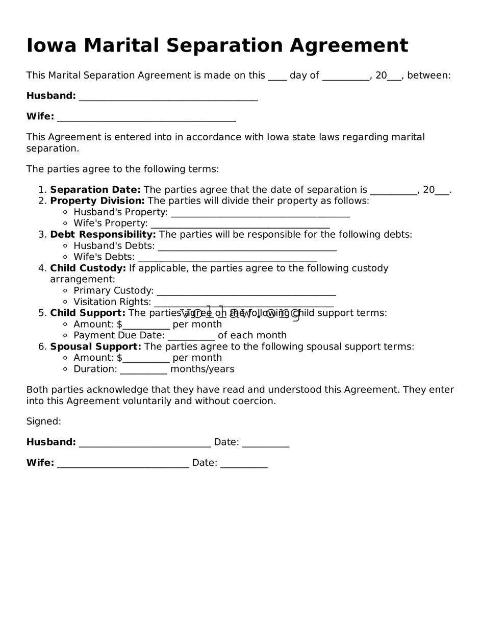 Attorney-Verified  Marital Separation Agreement Form for Iowa