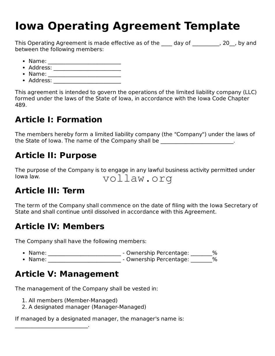 Attorney-Verified  Operating Agreement Form for Iowa