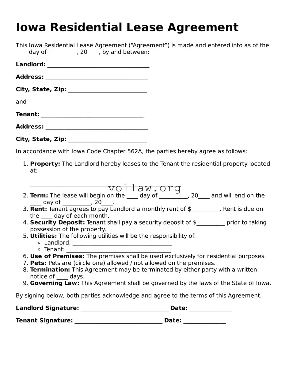Attorney-Verified  Residential Lease Agreement Form for Iowa