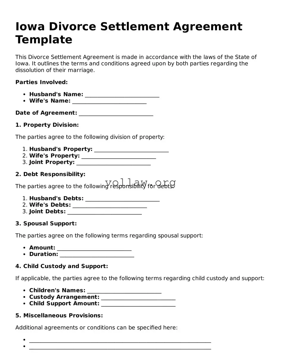 Attorney-Verified  Divorce Settlement Agreement Form for Iowa