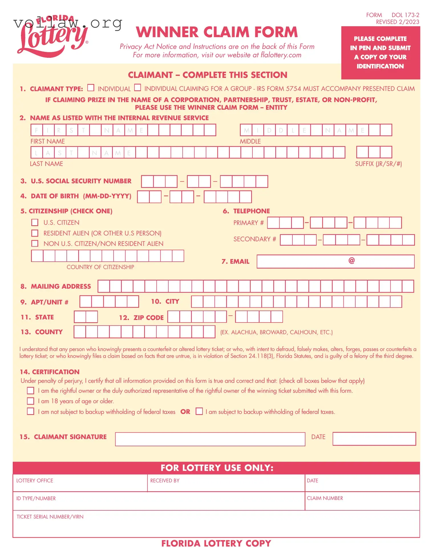 Florida Lottery Claim Template