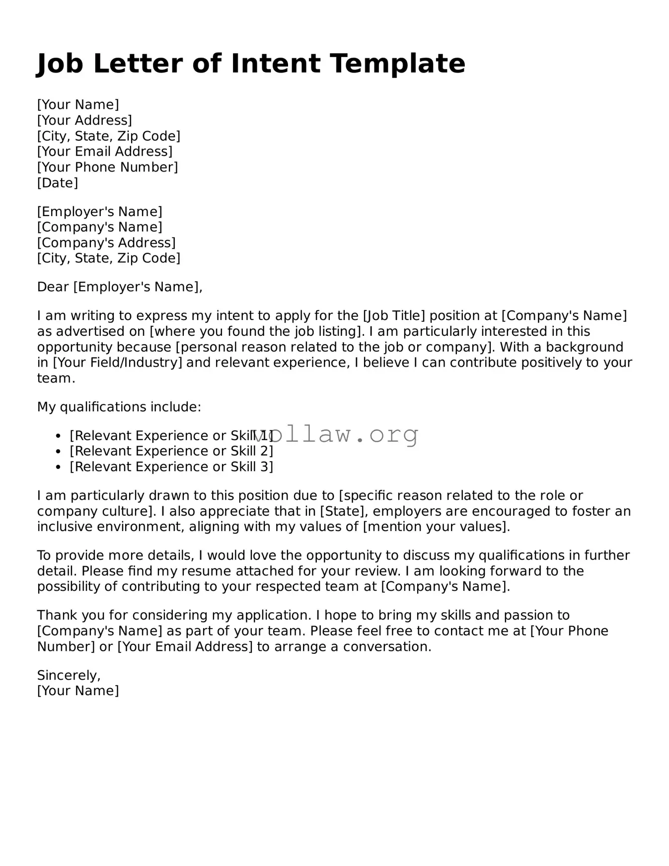Free Job Letter of Intent Form